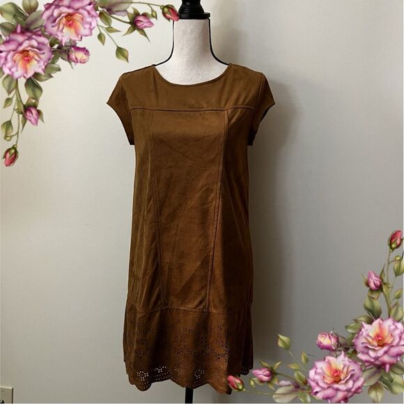 Xhilaration Faux Suede Scoop Neck A-line Cap Sleeve Dress in Cognac Orange Brown - Picture 1 of 15
